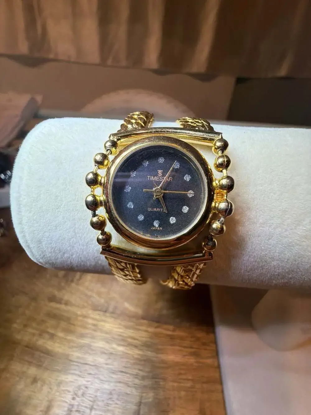 Timestar Gold Tone Quartz Women's Cuff Watch with Rhinestone Markers